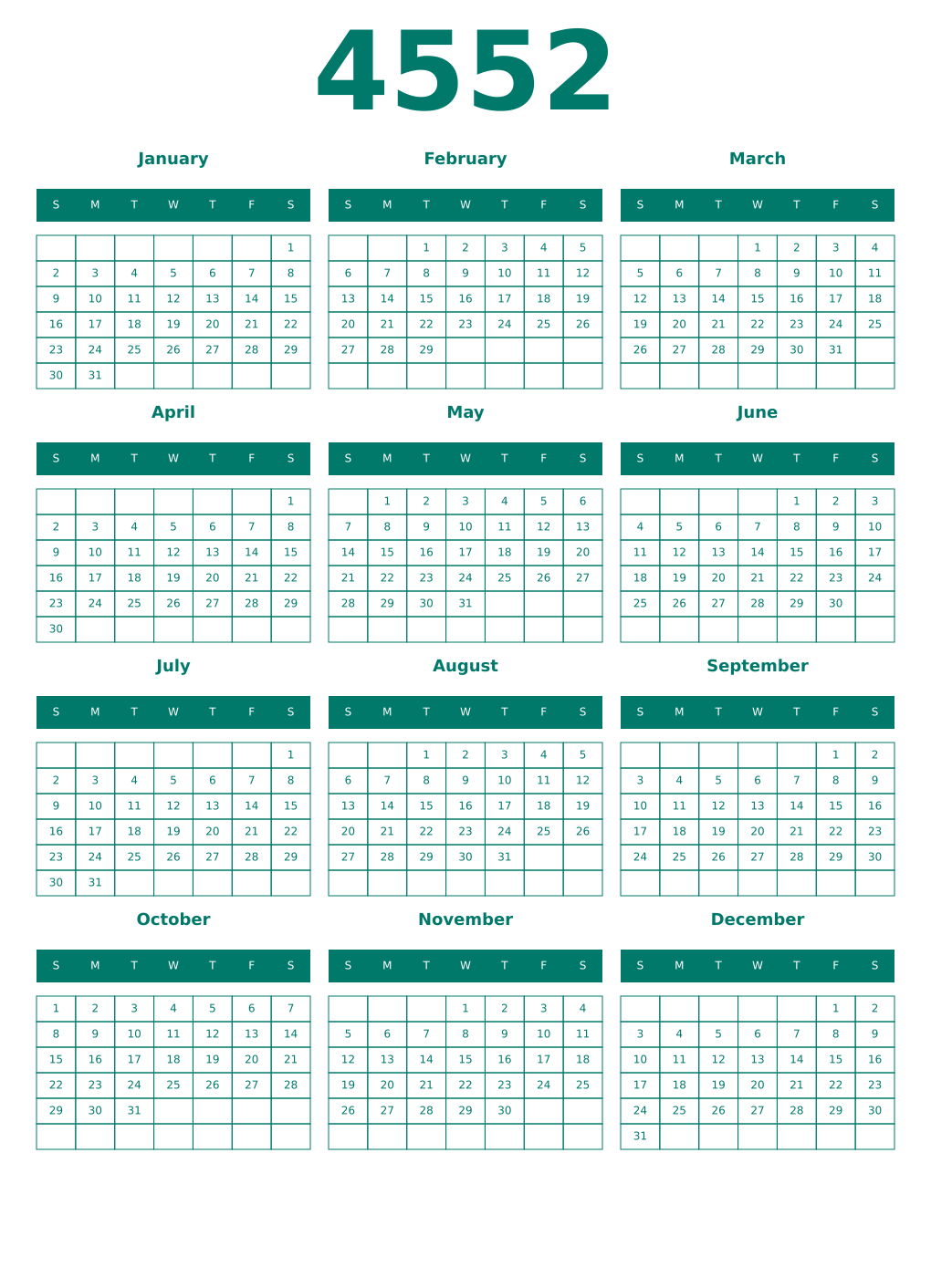 Printable 4552 Year Calendars pastel