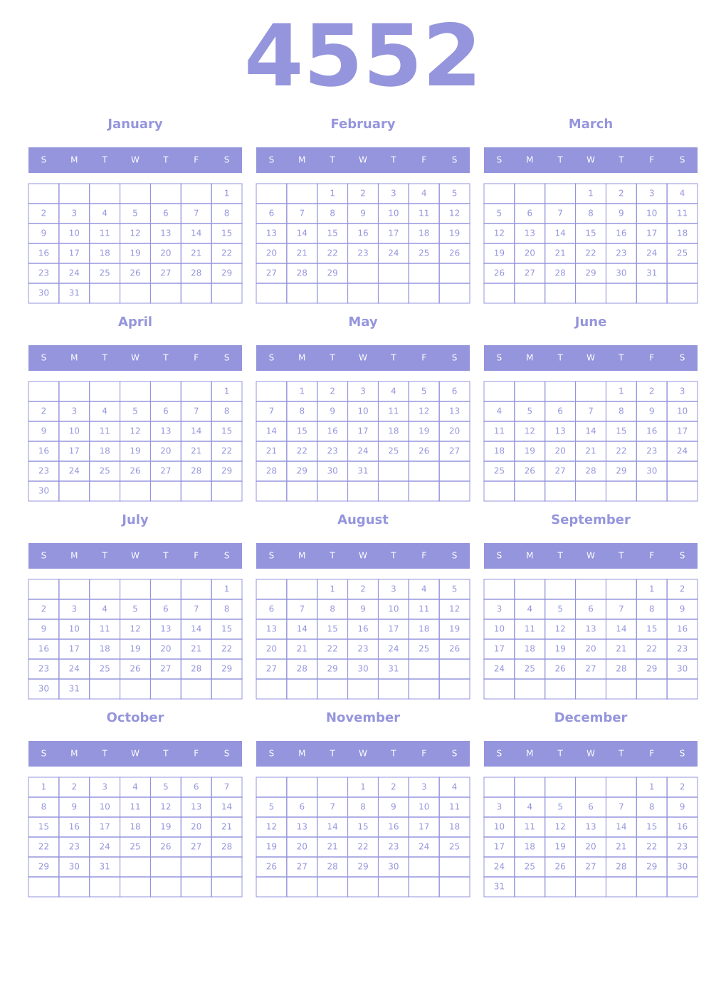Printable 4552 Year Calendars periwinkle
