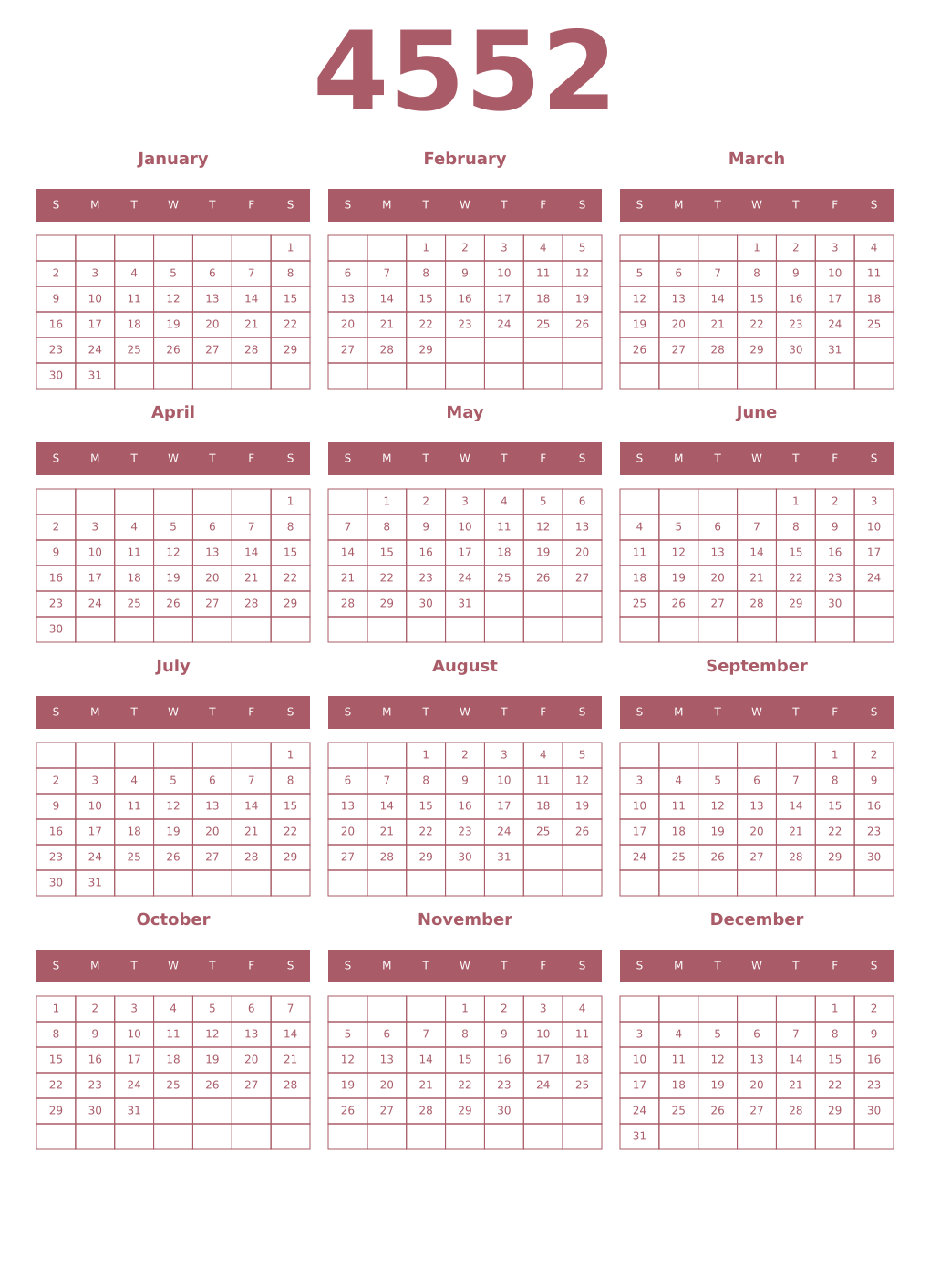 Printable 4552 Year Calendars puce
