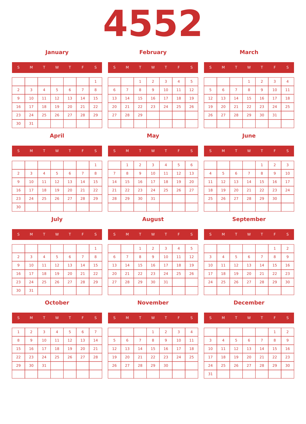 Printable 4552 Year Calendars red