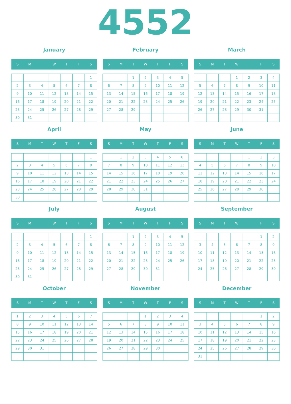 Printable 4552 Year Calendars verdigris