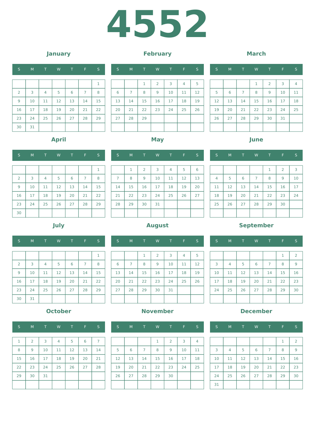 Printable 4552 Year Calendars viridian
