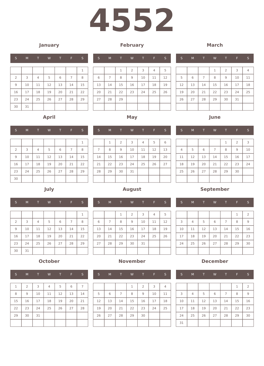 Printable 4552 Year Calendars wenge