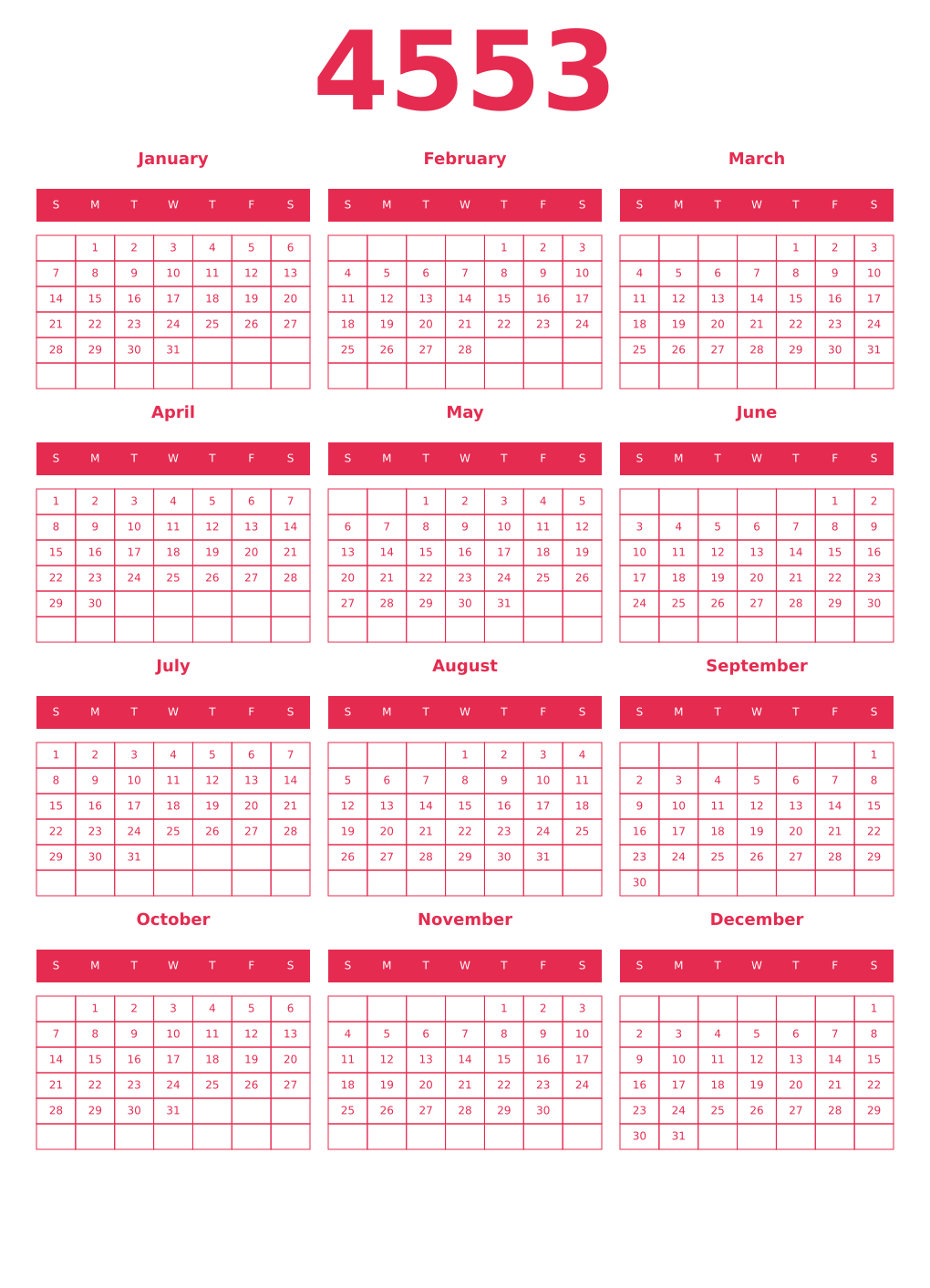 Printable 4553 Year Calendars amaranth