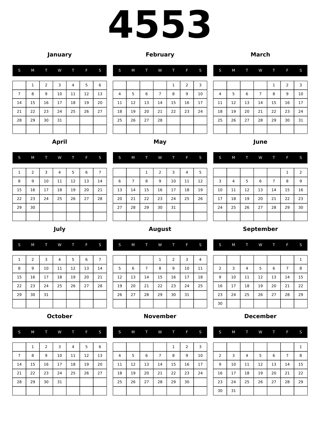 Printable 4553 Year Calendars black