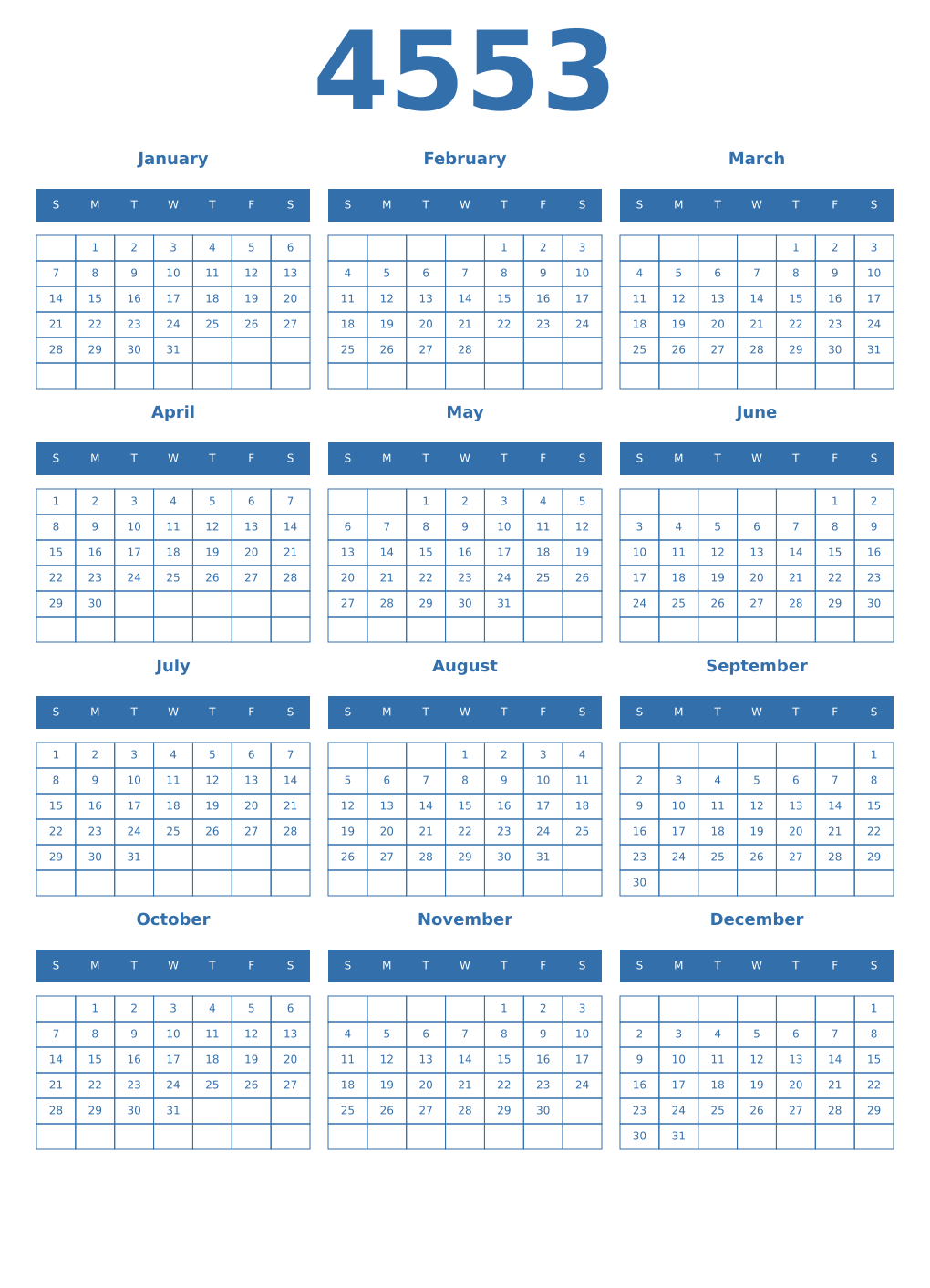 Printable 4553 Year Calendars blue