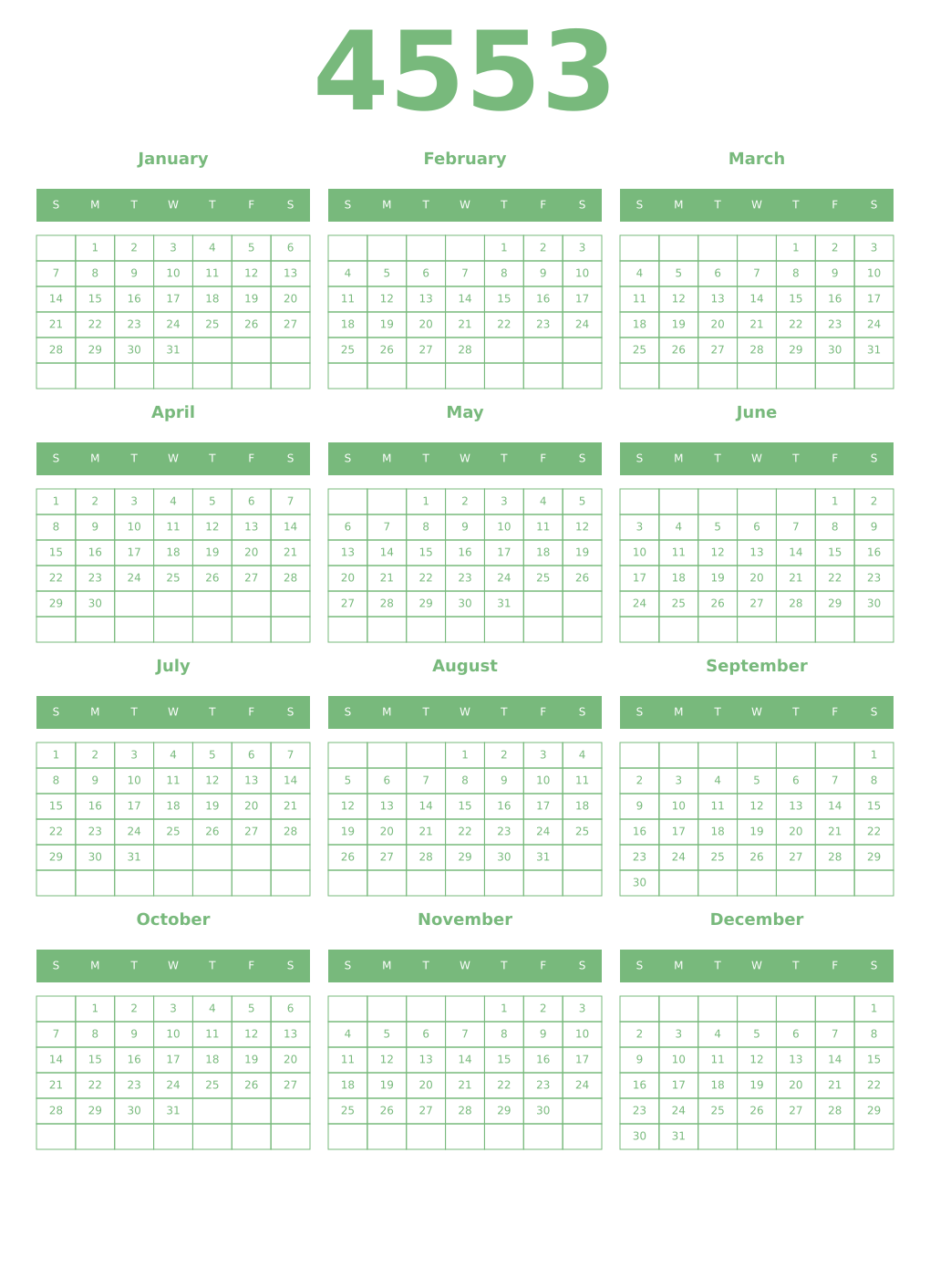 Printable 4553 Year Calendars celadon