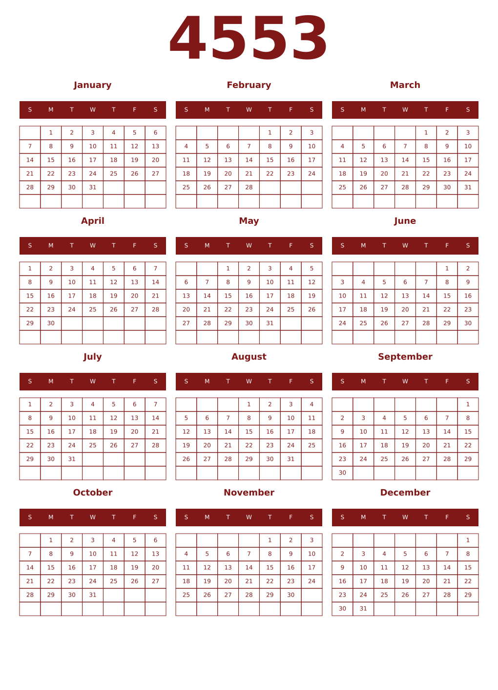 Printable 4553 Year Calendars falu