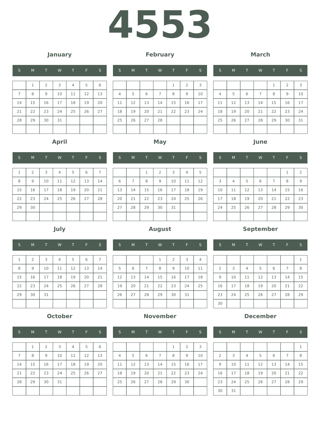 Printable 4553 Year Calendars feldgrau