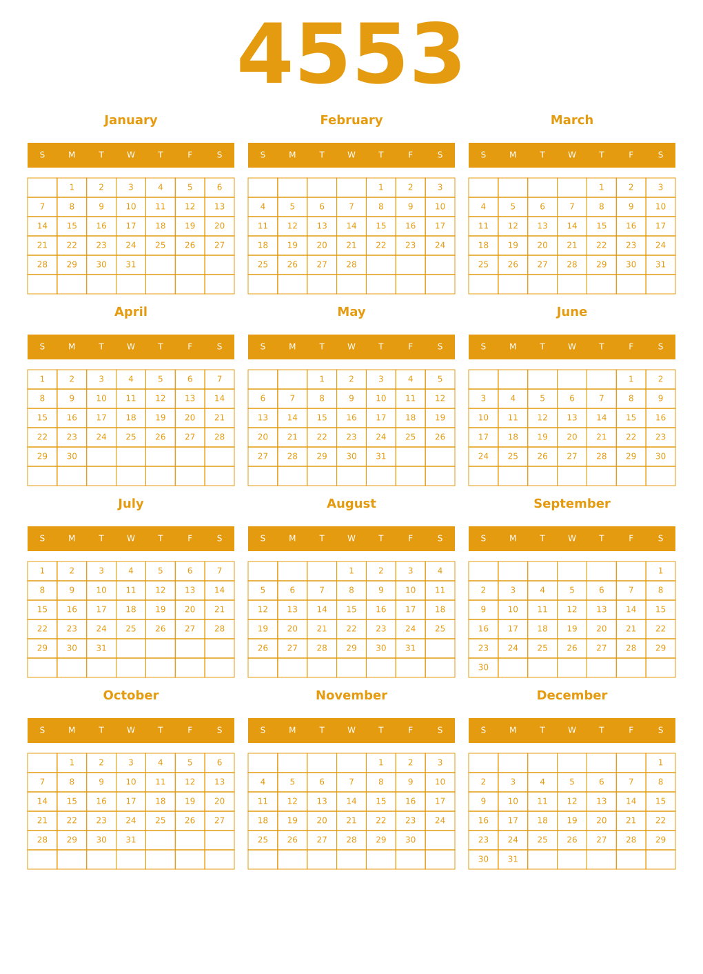Printable 4553 Year Calendars gamboge