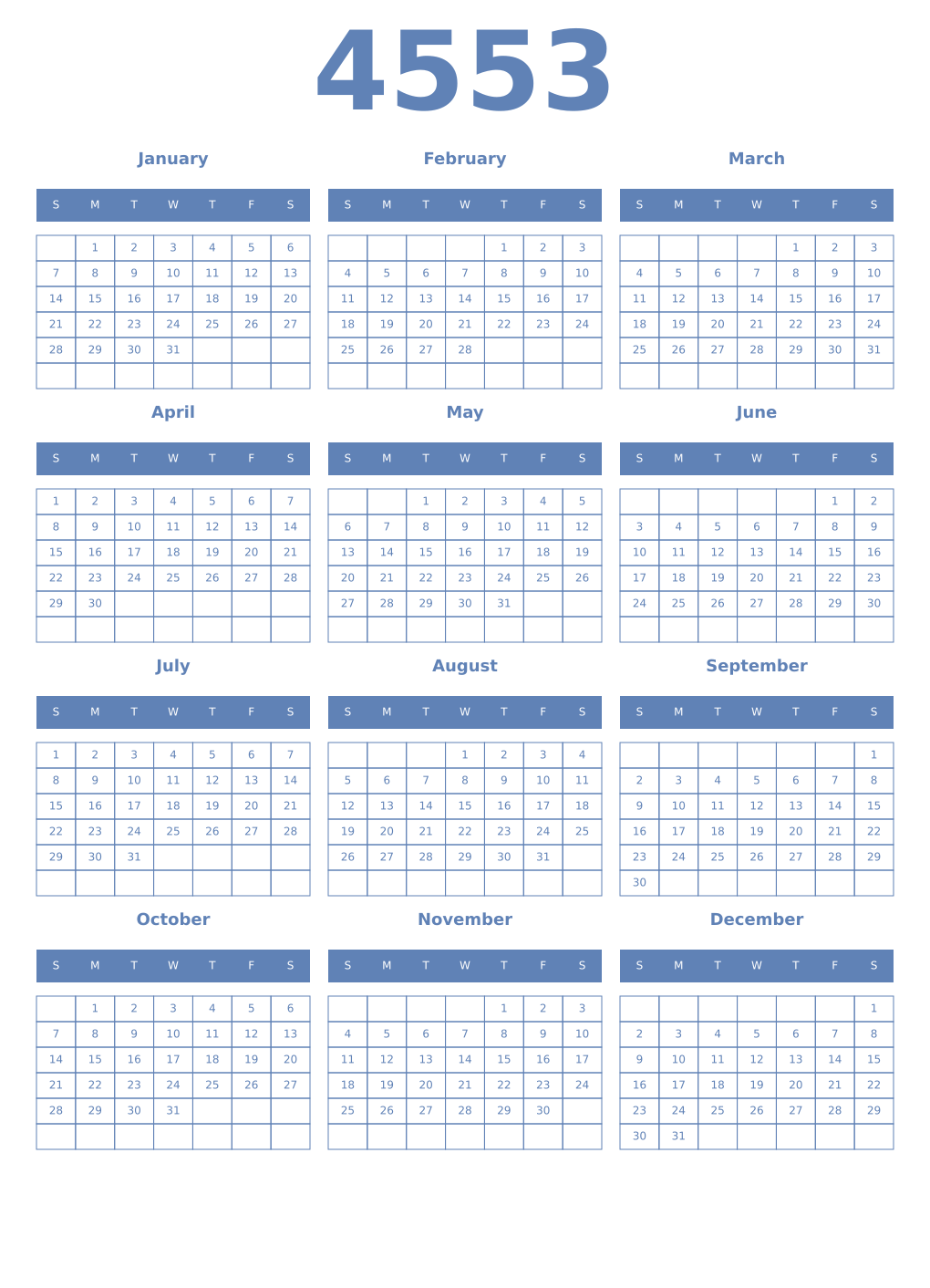 Printable 4553 Year Calendars glaucous