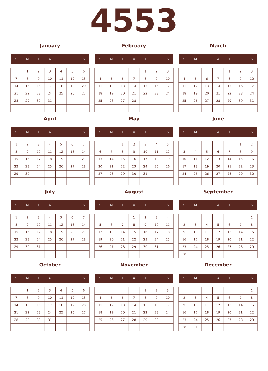 Printable 4553 Year Calendars mortuum