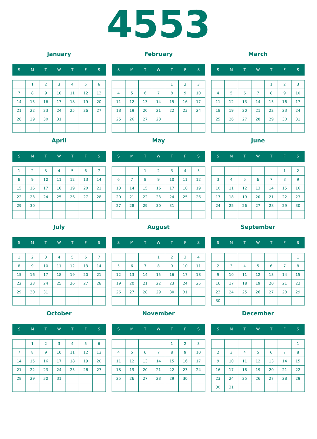 Printable 4553 Year Calendars pastel