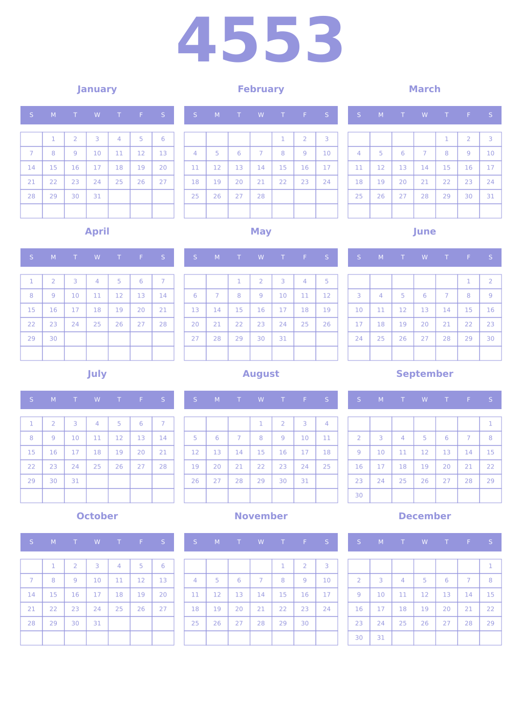 Printable 4553 Year Calendars periwinkle