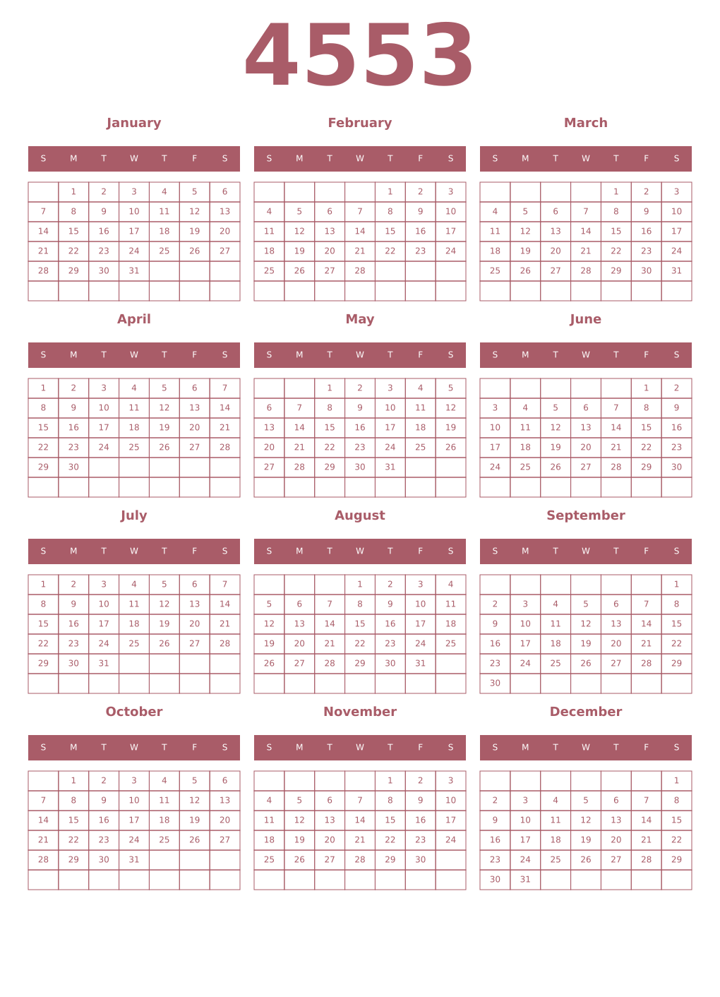 Printable 4553 Year Calendars puce
