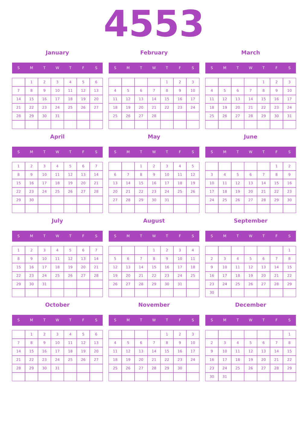 Printable 4553 Year Calendars purple