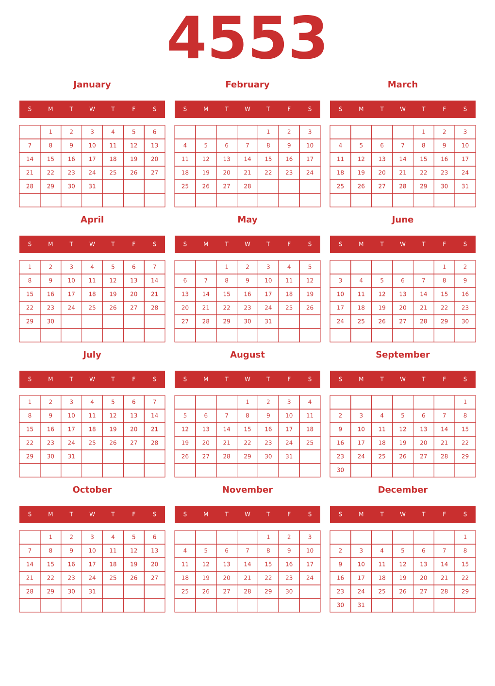 Printable 4553 Year Calendars red