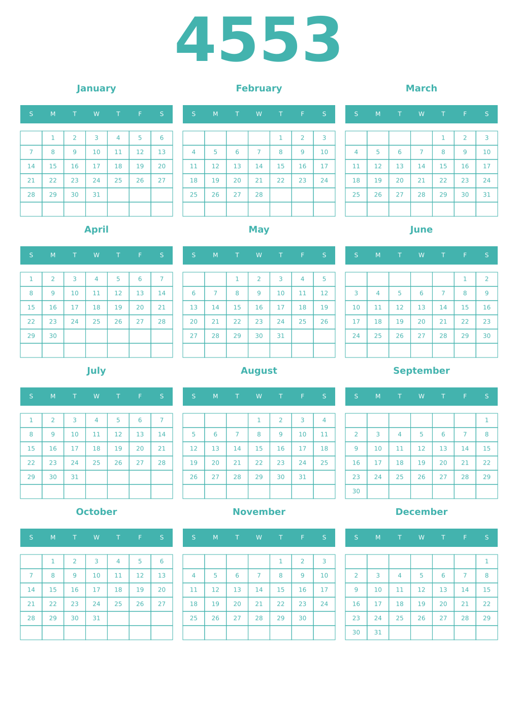 Printable 4553 Year Calendars verdigris