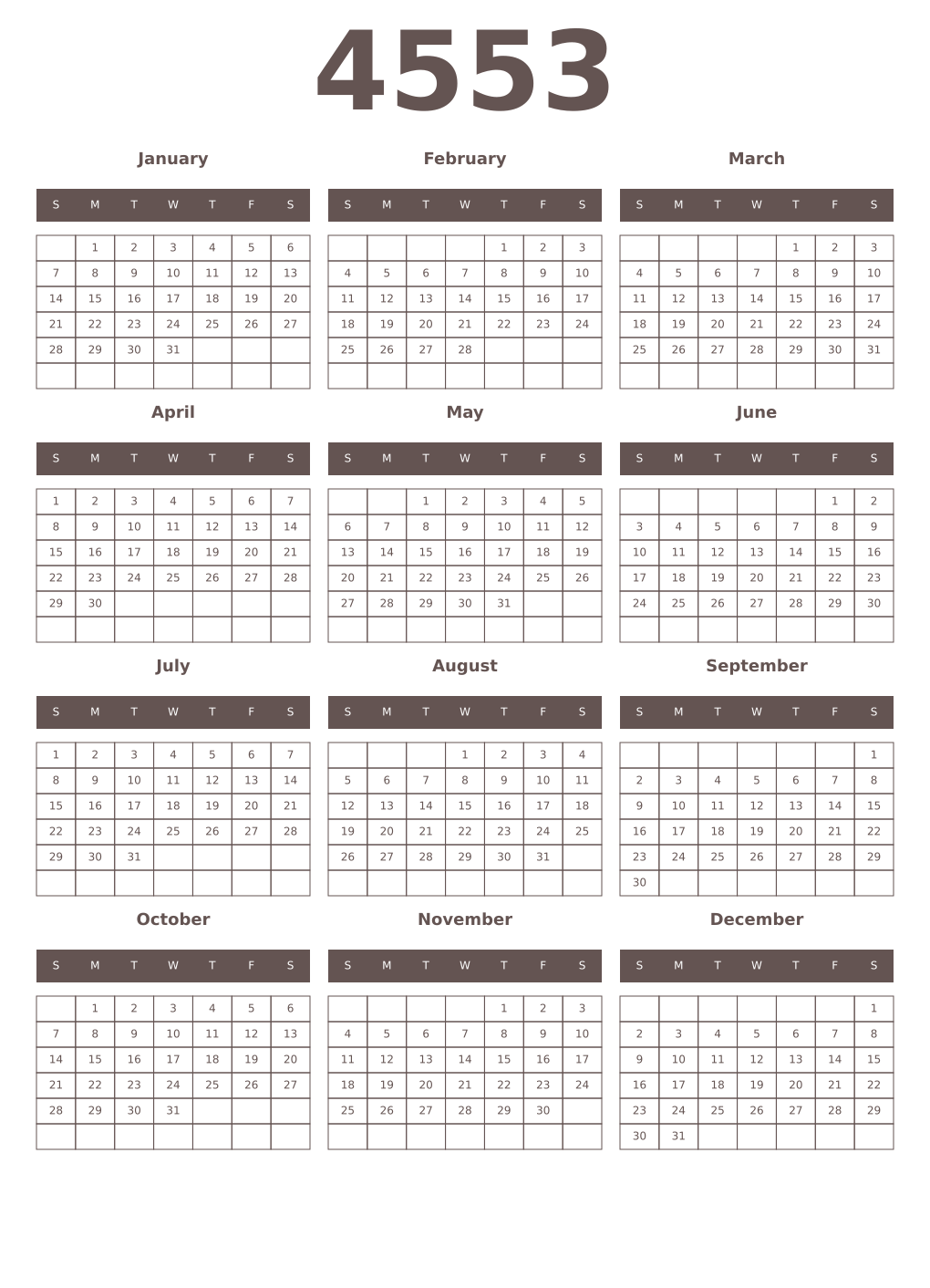 Printable 4553 Year Calendars wenge
