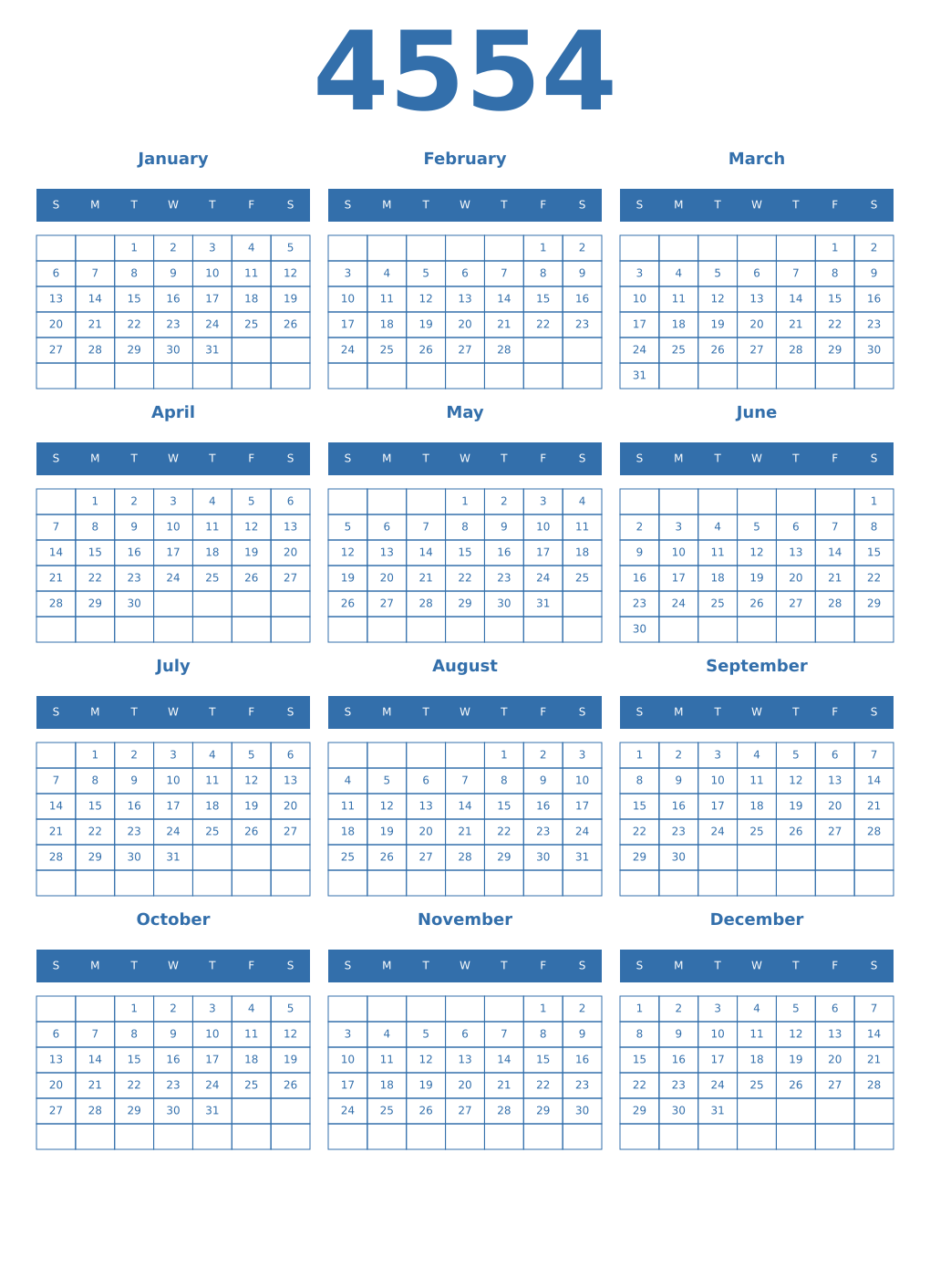 Printable 4554 Year Calendars blue