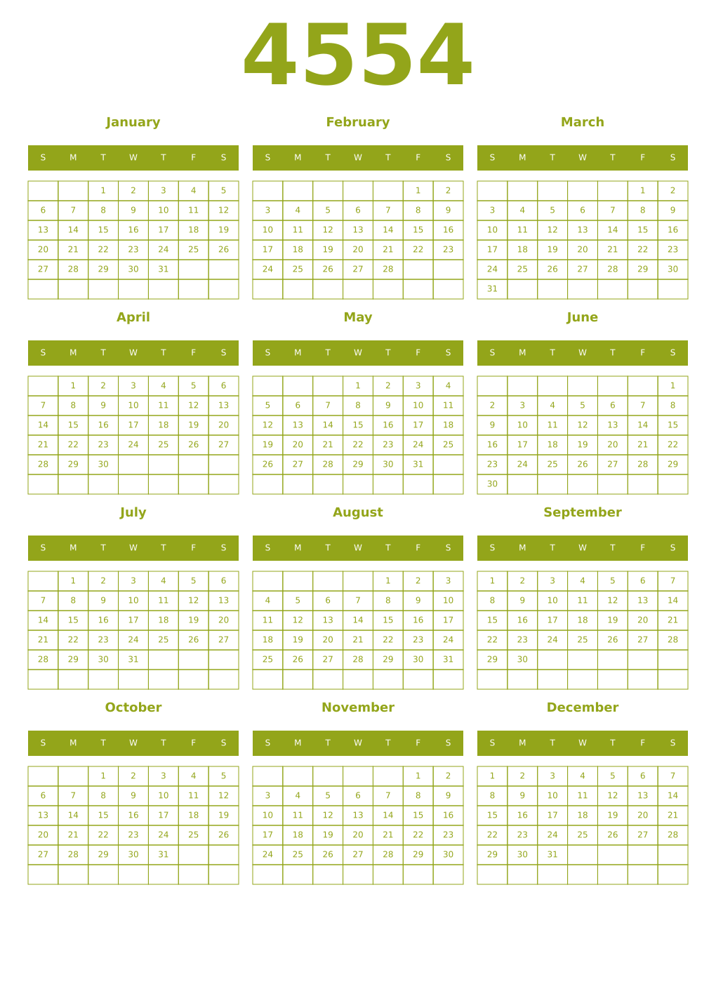 Printable 4554 Year Calendars chartreuse