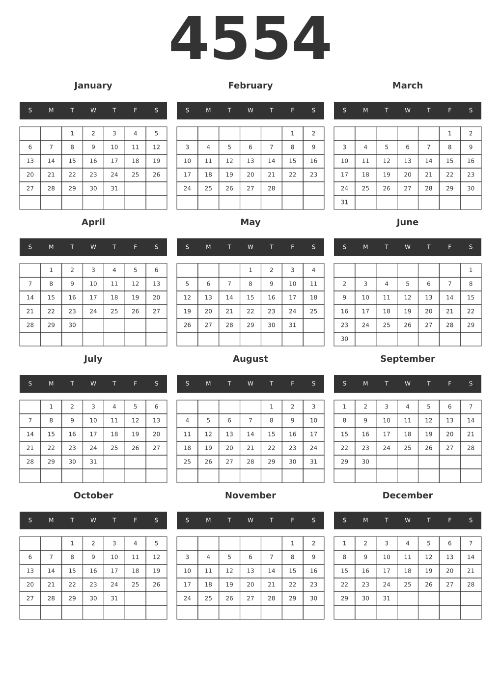 Printable 4554 Year Calendars dark