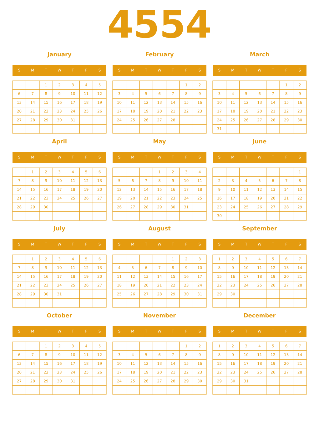 Printable 4554 Year Calendars gamboge