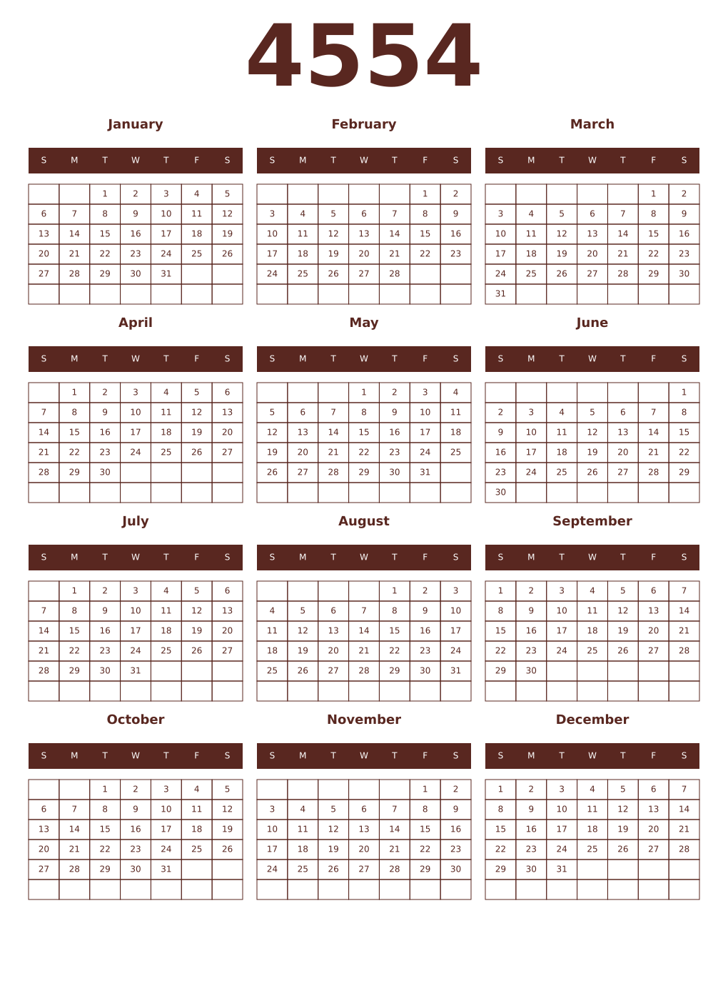Printable 4554 Year Calendars mortuum