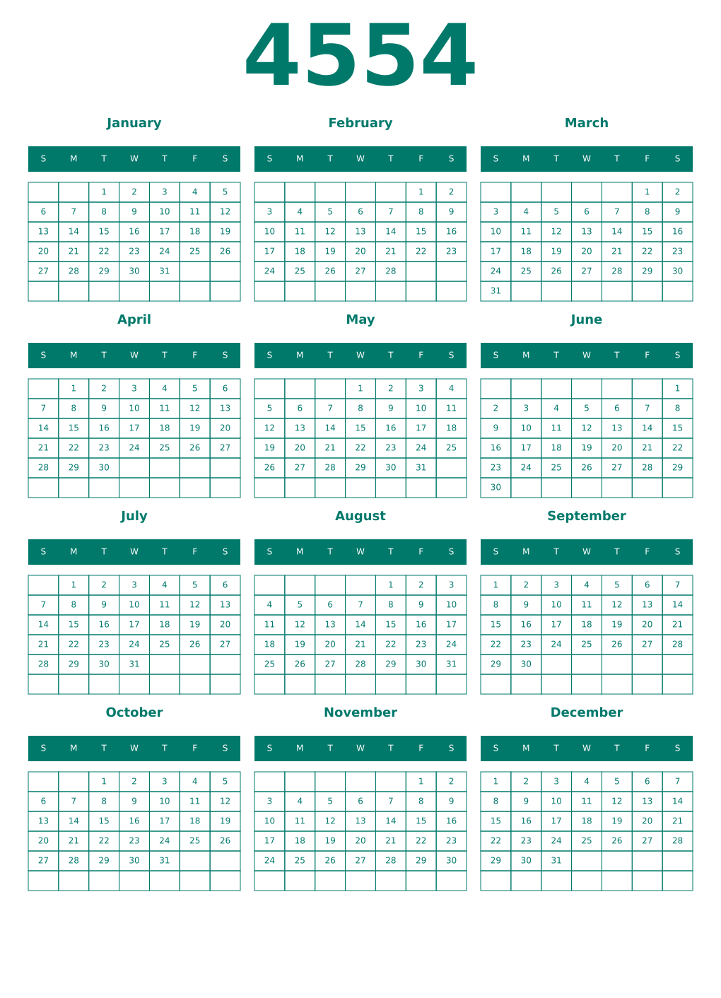 Printable 4554 Year Calendars pastel