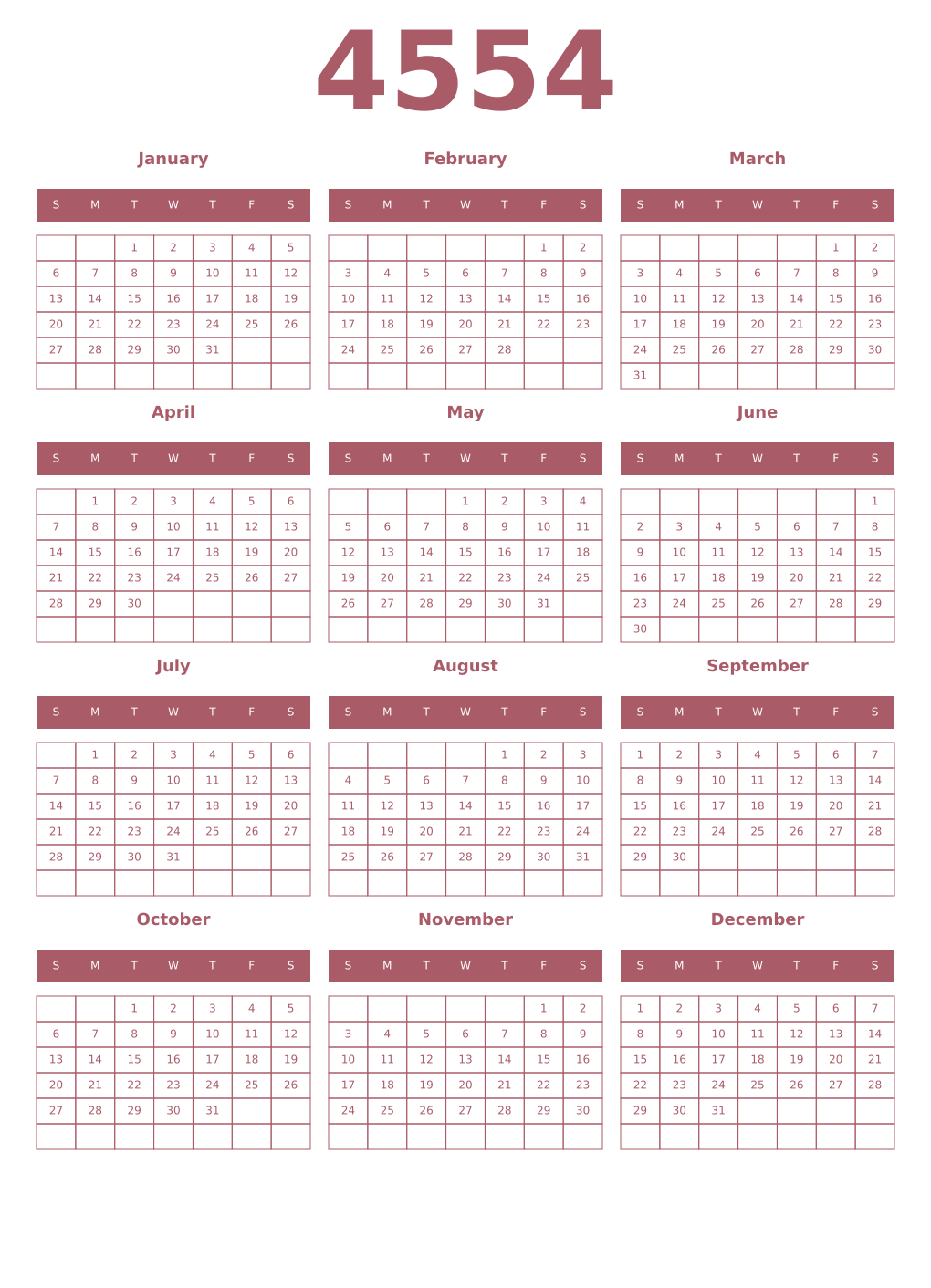 Printable 4554 Year Calendars puce