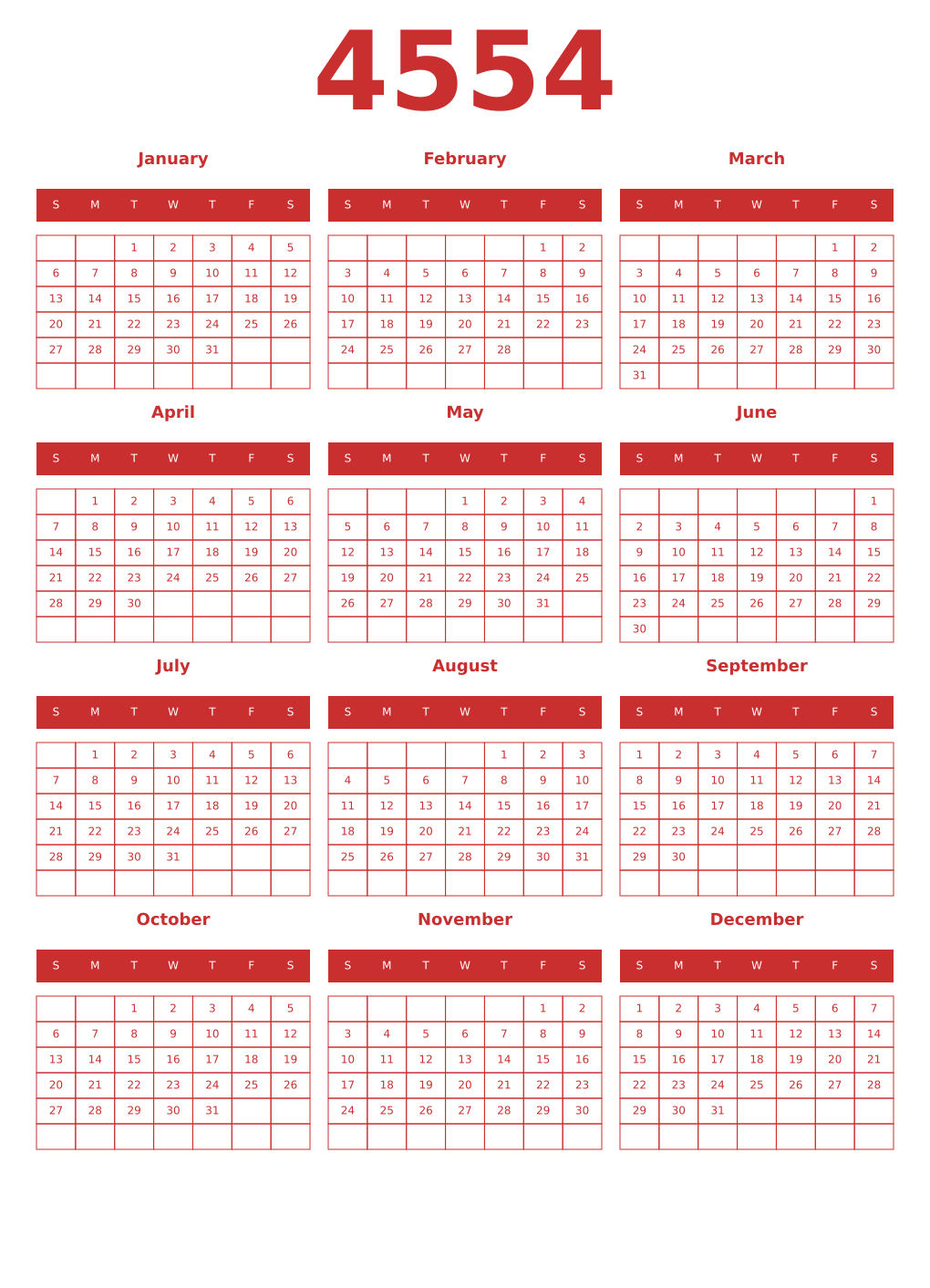Printable 4554 Year Calendars red