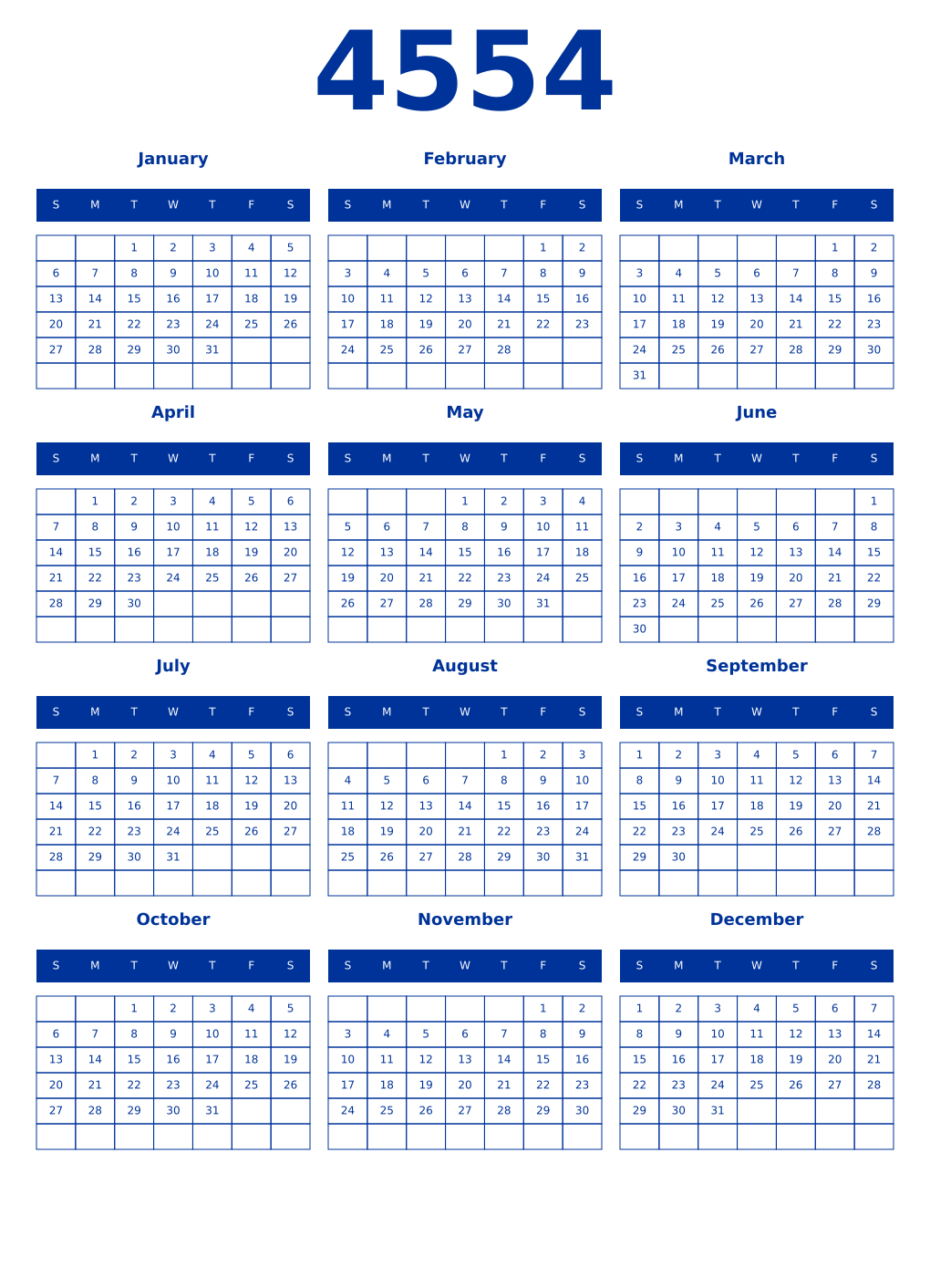 Printable 4554 Year Calendars smalt