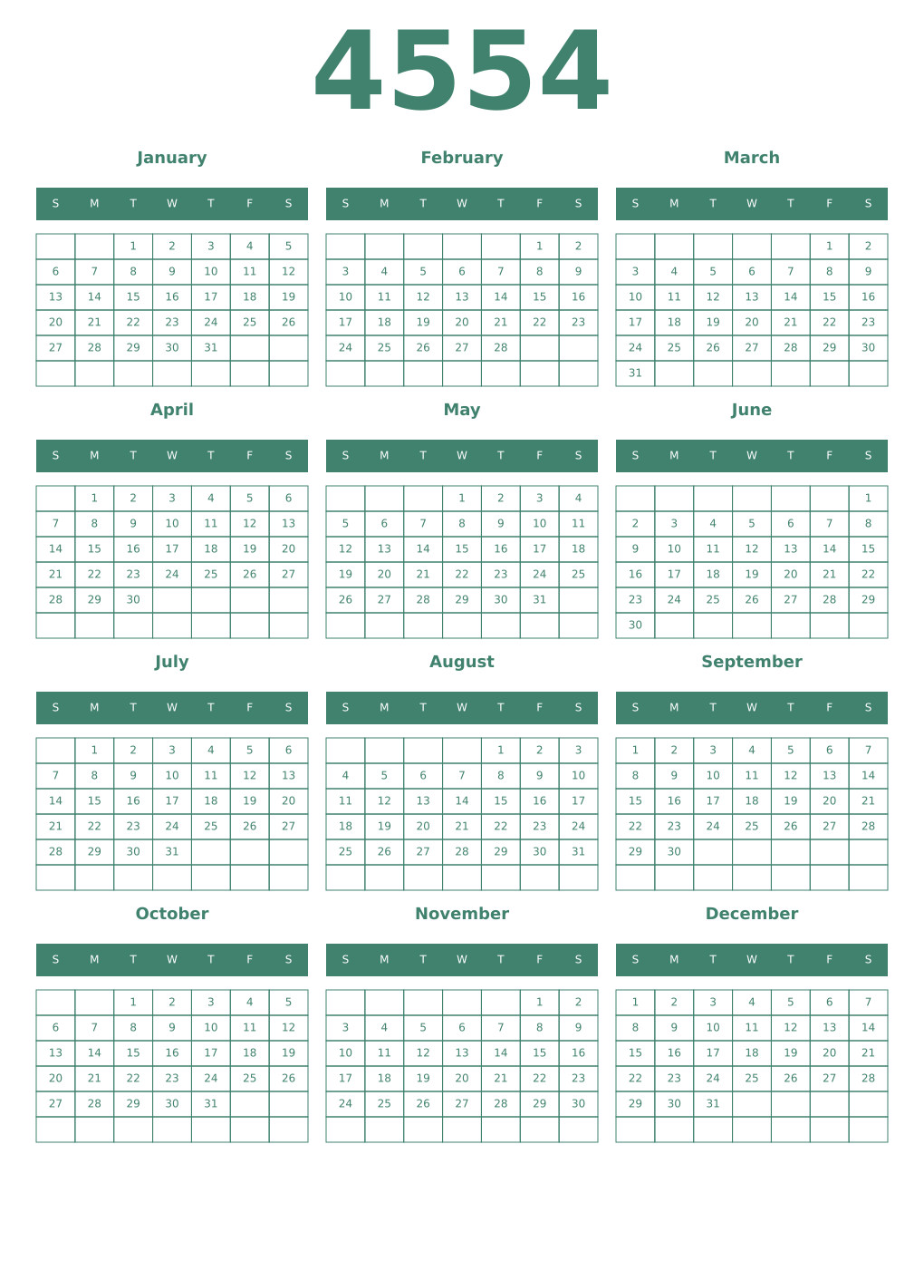 Printable 4554 Year Calendars viridian