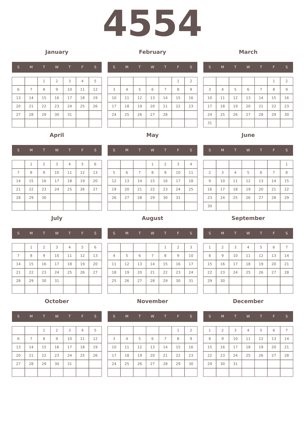 Printable 4554 Year Calendars wenge