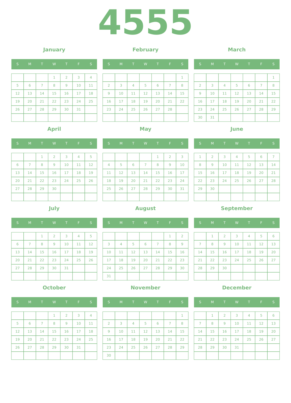 Printable 4555 Year Calendars celadon
