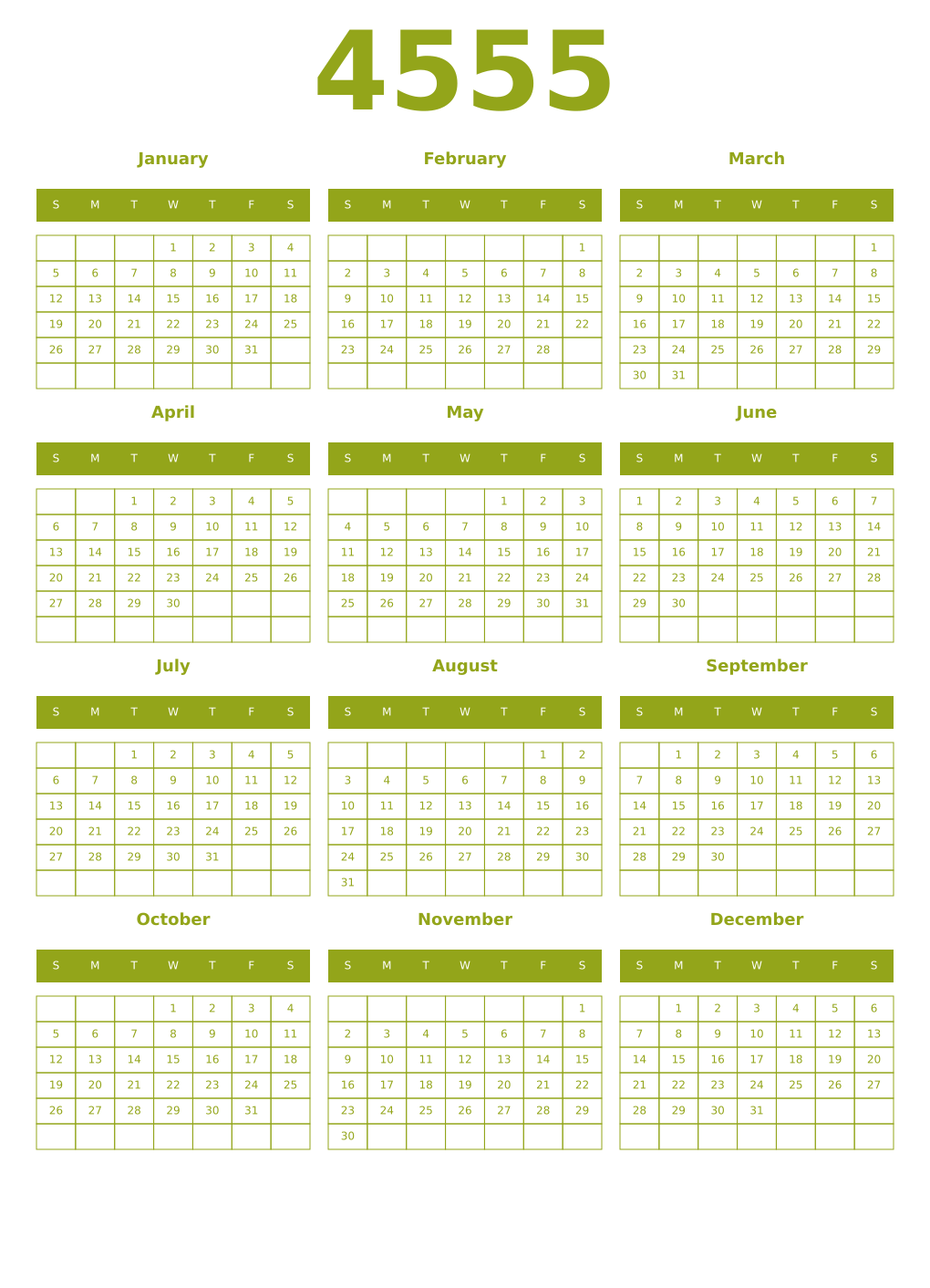 Printable 4555 Year Calendars chartreuse