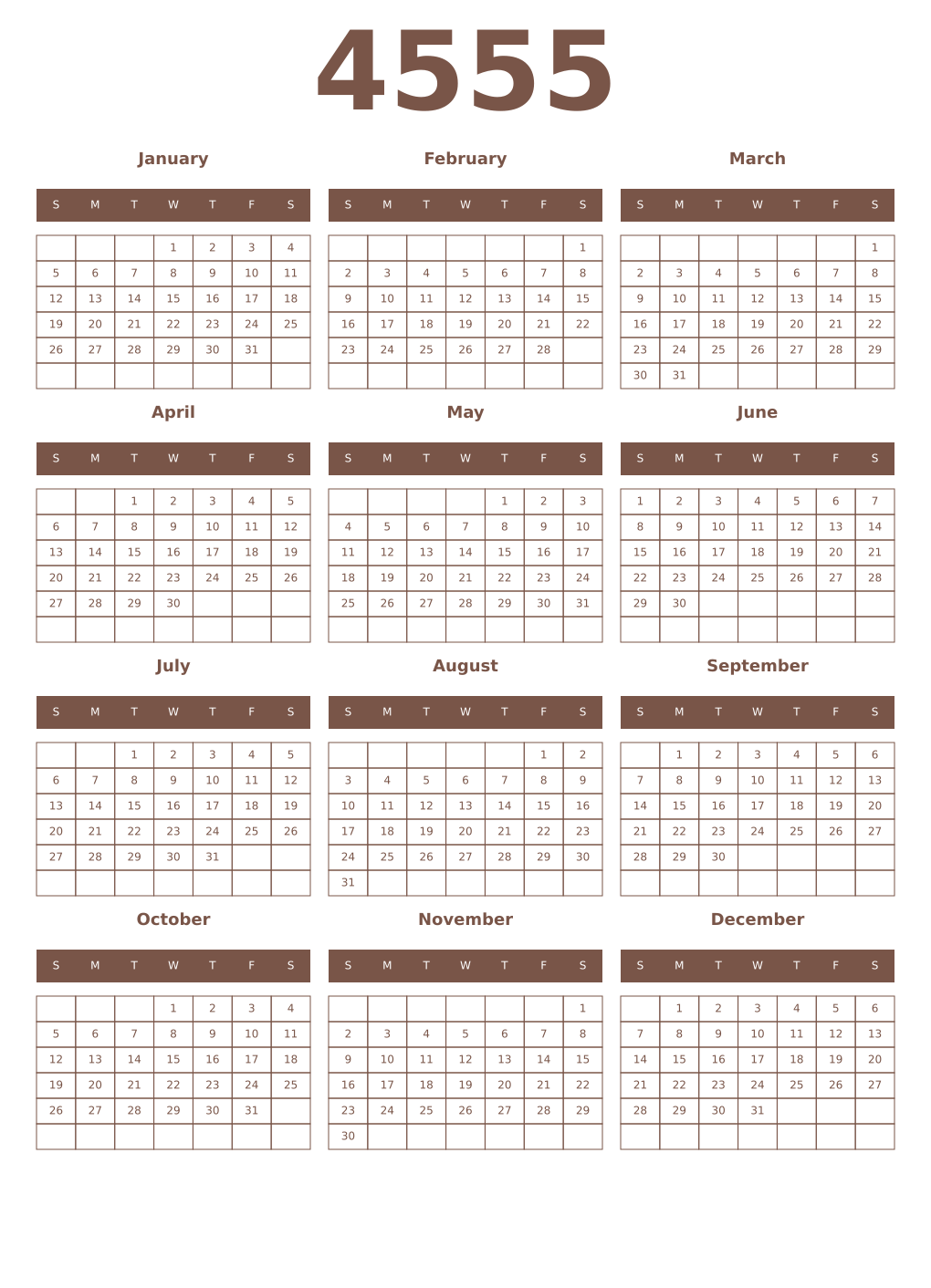 Printable 4555 Year Calendars coffe