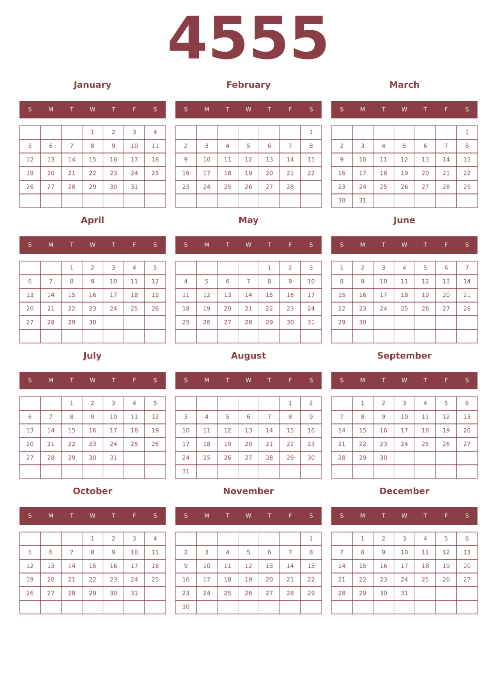 Printable 4555 Year Calendars cordovan
