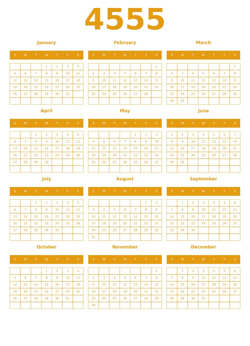 Printable 4555 Year Calendars gamboge