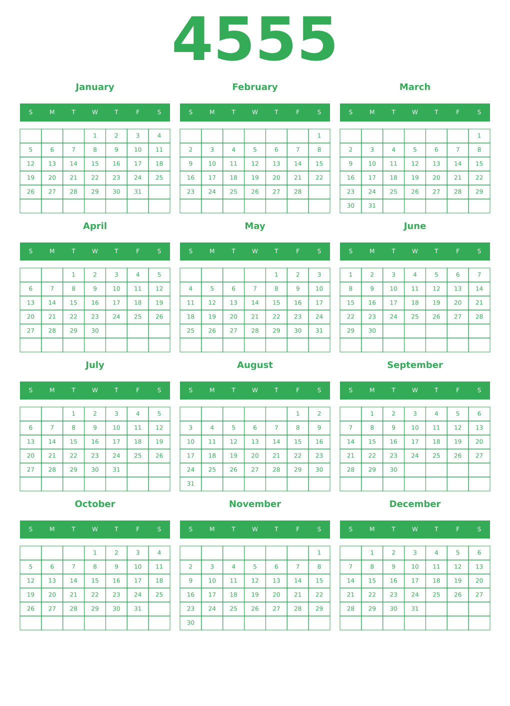 Printable 4555 Year Calendars green