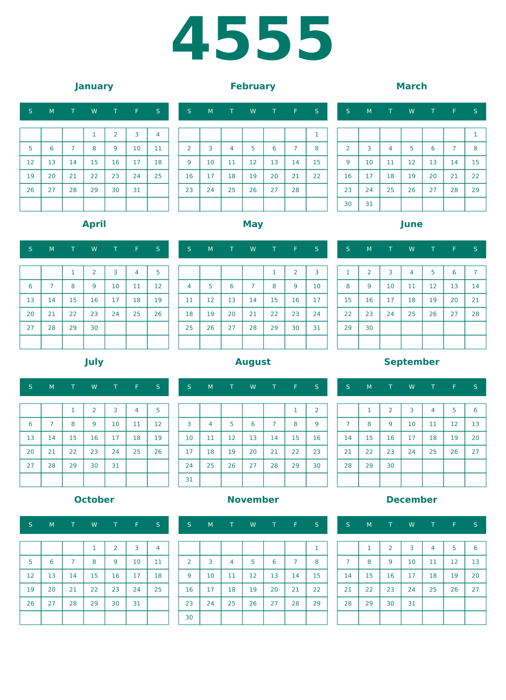 Printable 4555 Year Calendars pastel