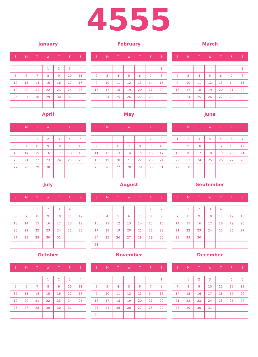 Printable 4555 Year Calendars pink