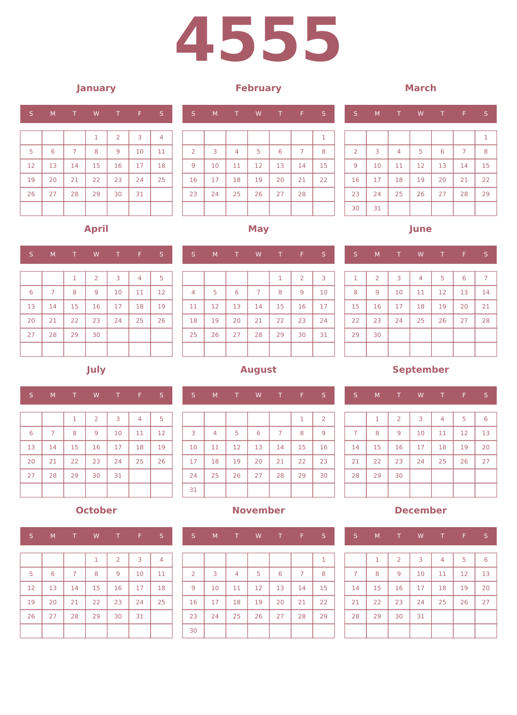 Printable 4555 Year Calendars puce