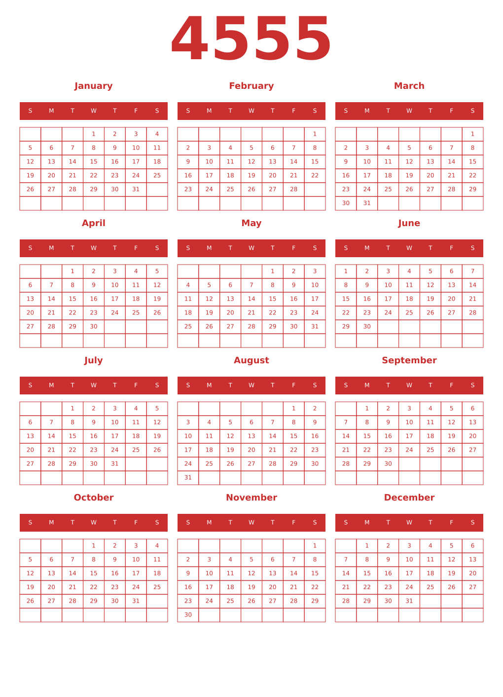 Printable 4555 Year Calendars red