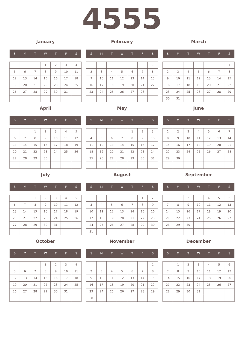 Printable 4555 Year Calendars wenge