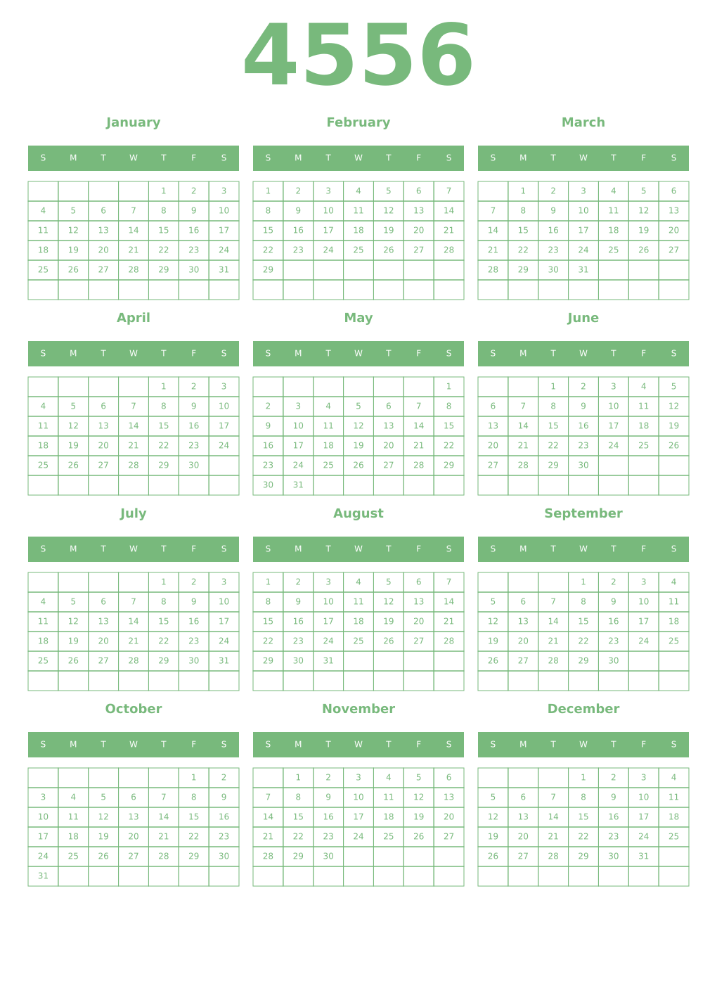 Printable 4556 Year Calendars celadon