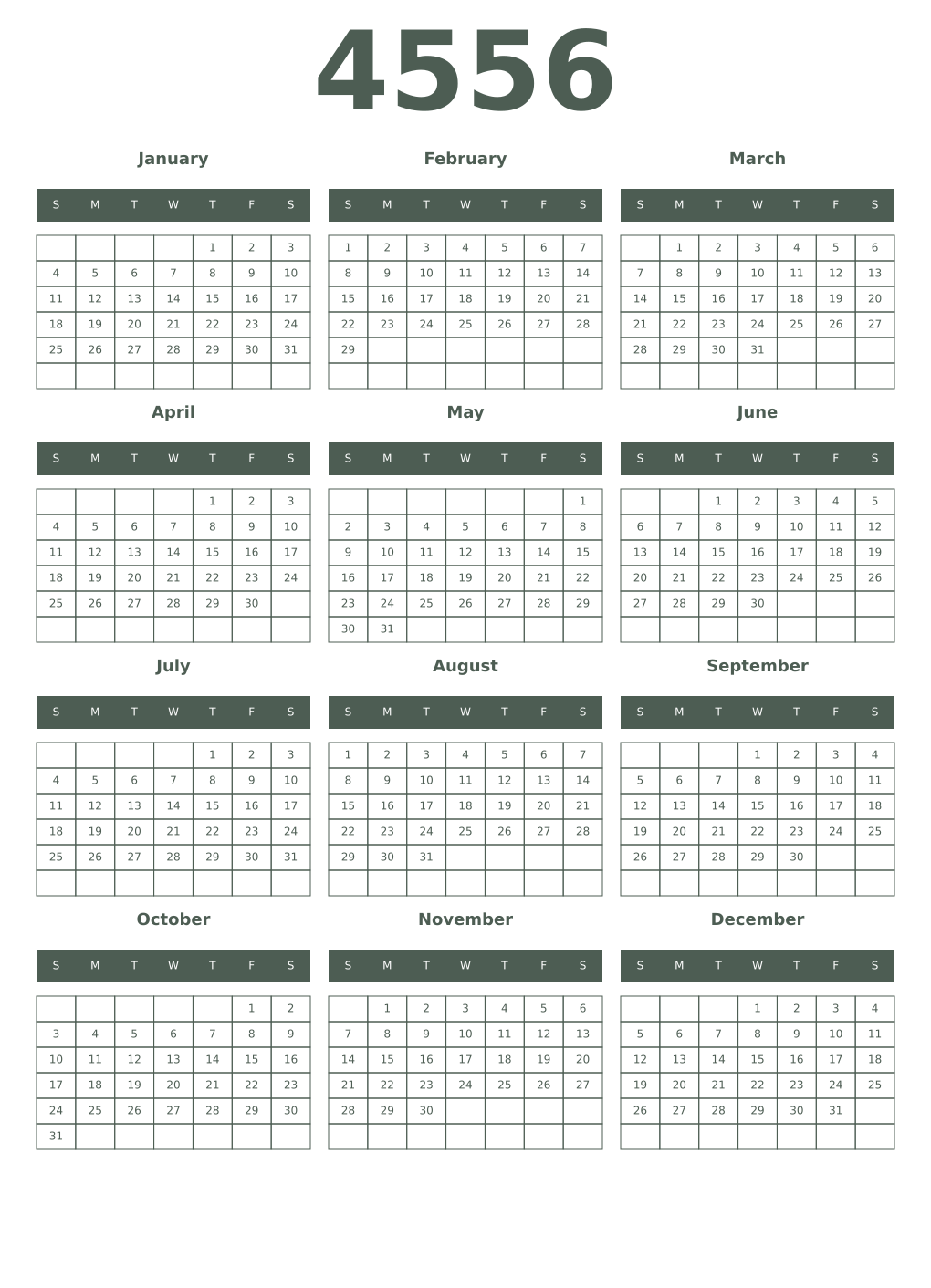 Printable 4556 Year Calendars feldgrau