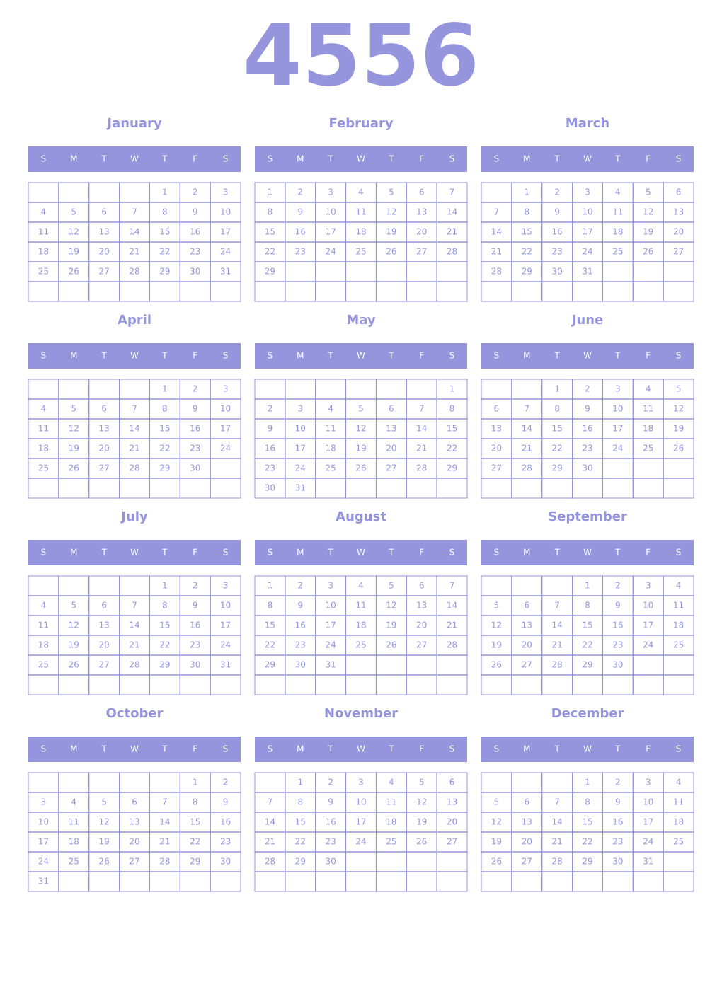 Printable 4556 Year Calendars periwinkle