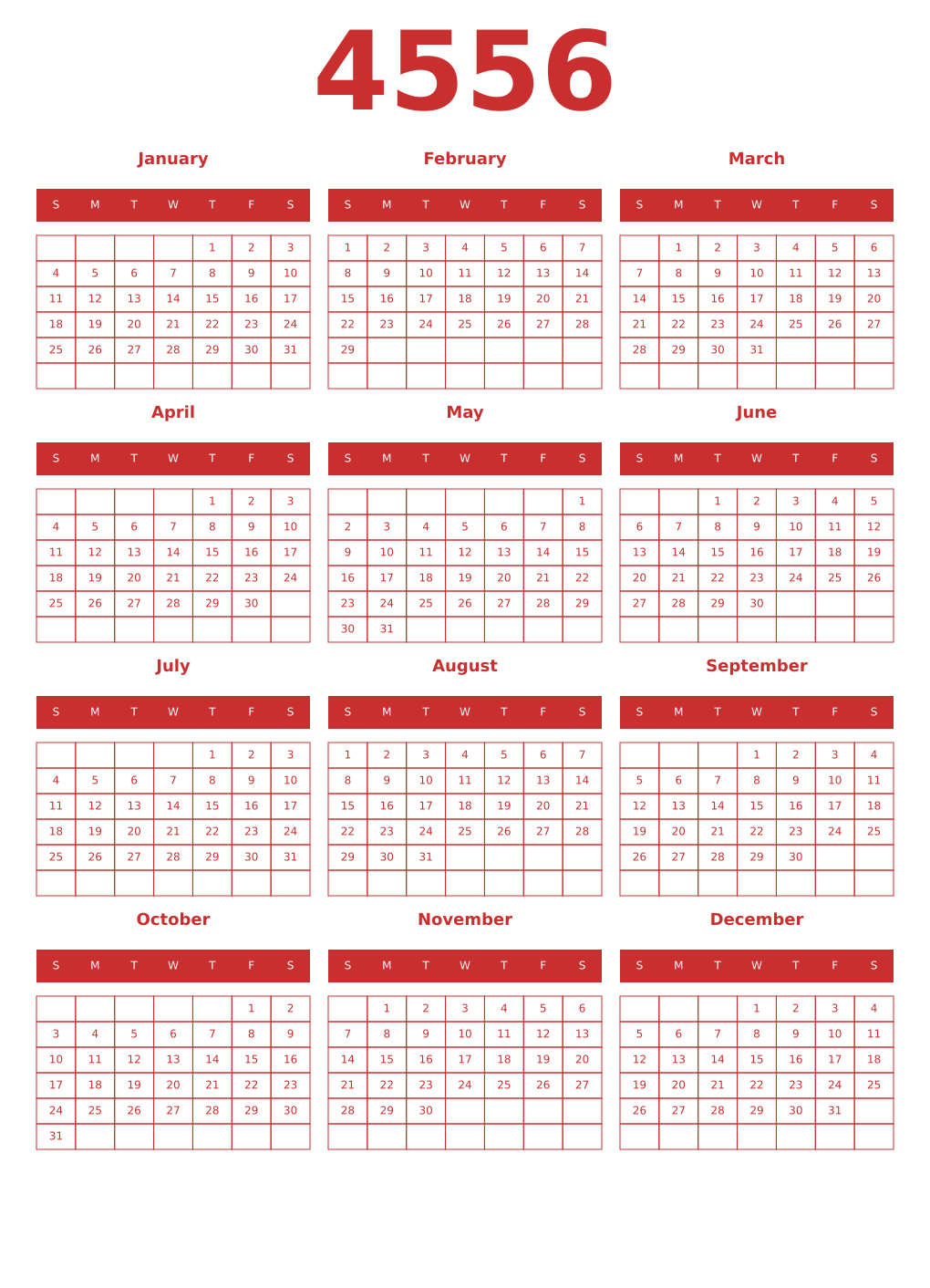 Printable 4556 Year Calendars red