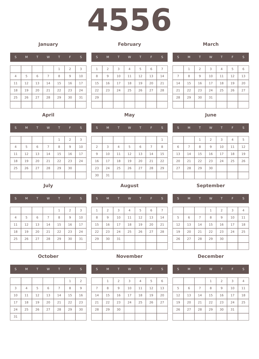 Printable 4556 Year Calendars wenge